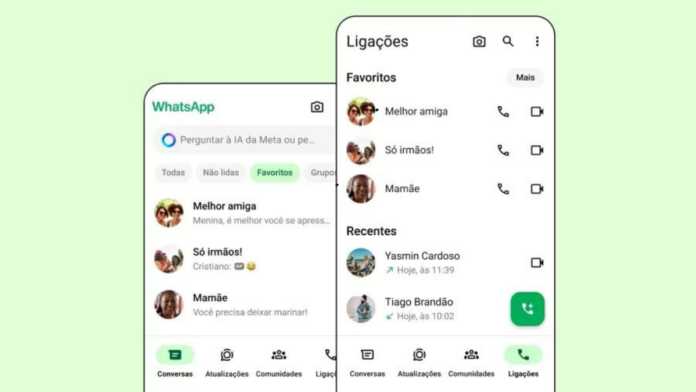 Captura de tela da tela de chamadas do WhatsApp mostrando a lista de contatos favoritos