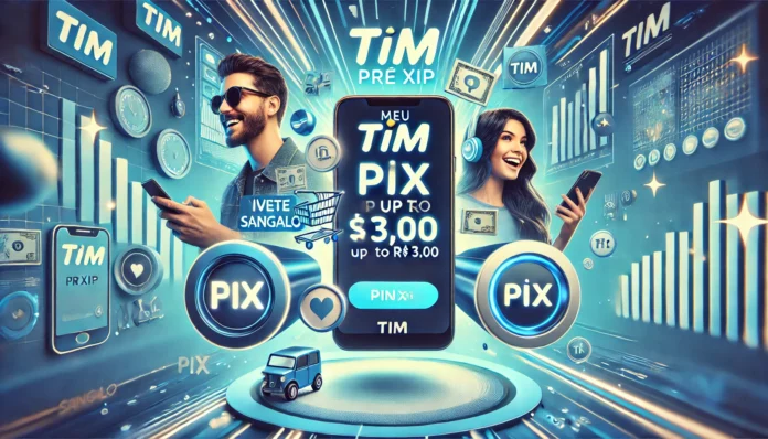 Imagem da campanha TIM Pré XIP, mostrando um smartphone com o app 'Meu TIM' destacando um Pix de até R$ 3,00. Ao fundo, o logo da TIM com ícones de Pix simbolizando transferências, e uma representação sutil das cantoras Ivete Sangalo e Iza conversando sobre o novo benefício